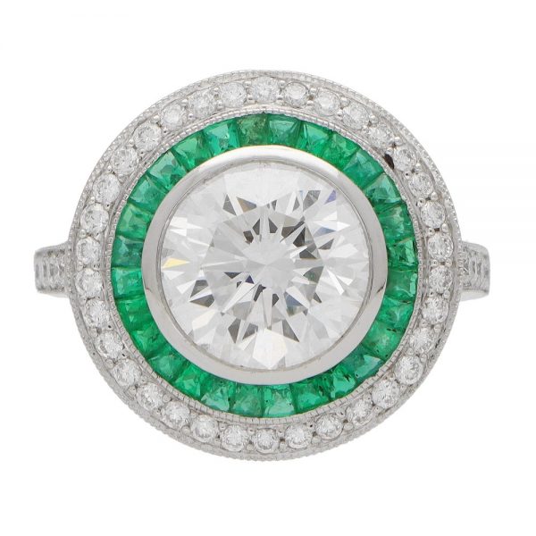 GIA Certified 3ct Diamond and Emerald Double Target Ring in Platinum