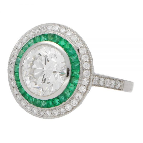 GIA Certified 3.02ct Diamond and Emerald Double Target Ring in Platinum