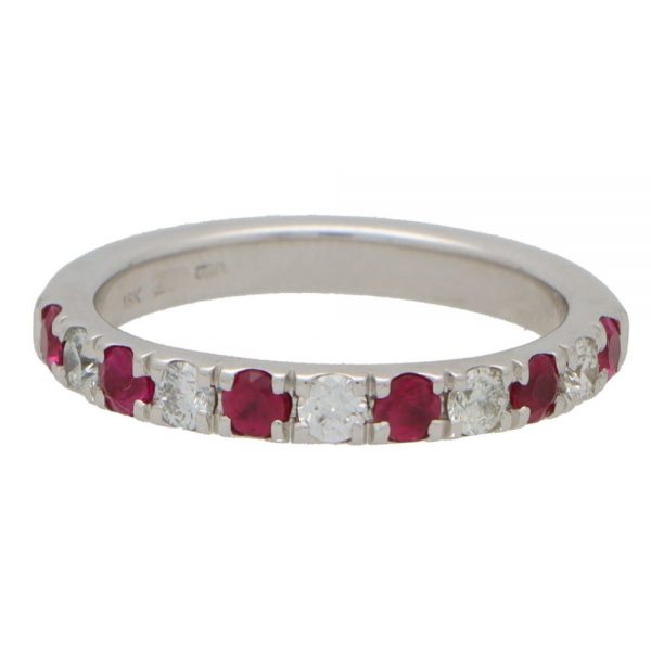 Ruby and Diamond Half Eternity Band Ring in 18ct White Gold