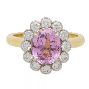 2.59ct Oval Cut Pink Sapphire and Diamond Floral Cluster Ring