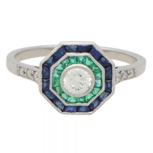 Art Deco Style Sapphire Emerald and Diamond Octagonal Target Ring