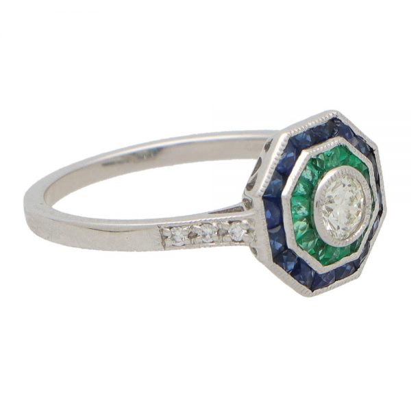 Art Deco Style Sapphire Emerald and Diamond Octagonal Target Ring