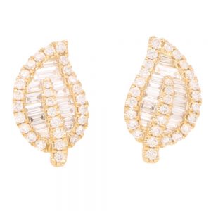 Brilliant and Baguette Diamond Leaf Stud Earrings in Yellow Gold