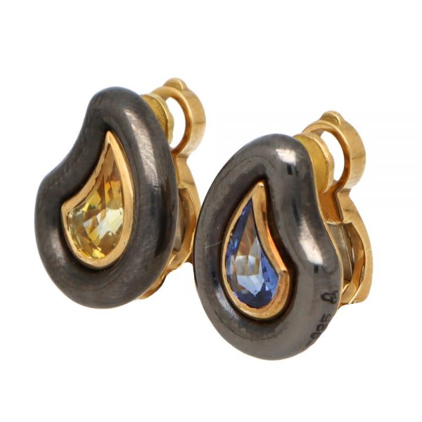 Vintage Poiray Blue and Yellow Sapphire Clip On Earrings