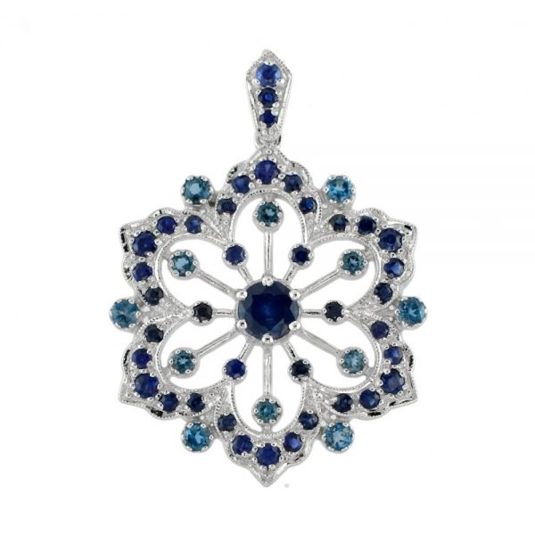 2.26ct Sapphire and Blue Topaz Filigree Flower Pendant