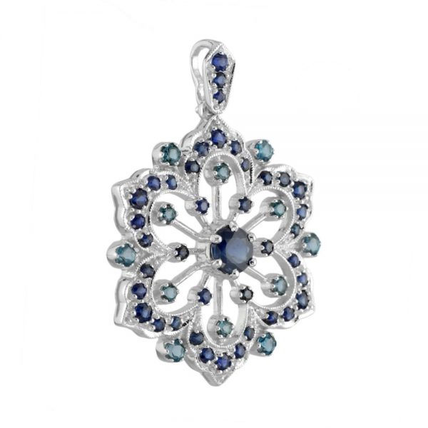 2.26ct Sapphire and Blue Topaz Filigree Flower Pendant