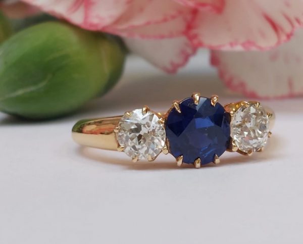 Antique Sapphire and Diamond Three Stone Engagement Ring, Yellow Gold