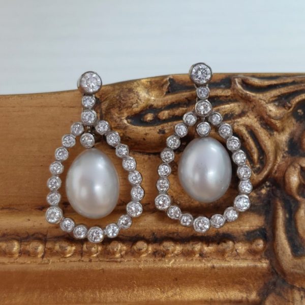 Pearl and Diamond Set Drop Cluster Earrings