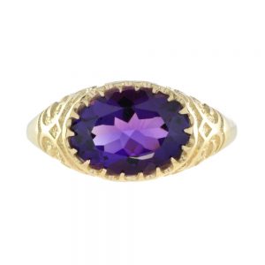Antique Style Large Amethyst and Engraved Gold Signet Ring