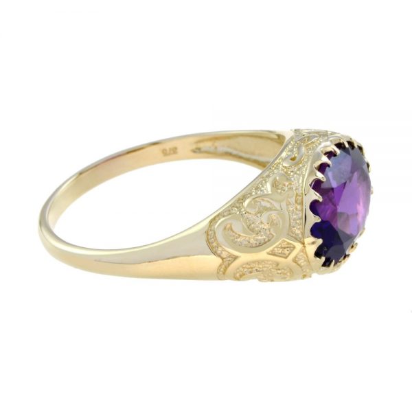 Antique Style Large 7.50ct Amethyst and Engraved Gold Signet Ring