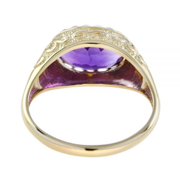 Antique Style Large 7.50ct Amethyst and Engraved Gold Signet Ring