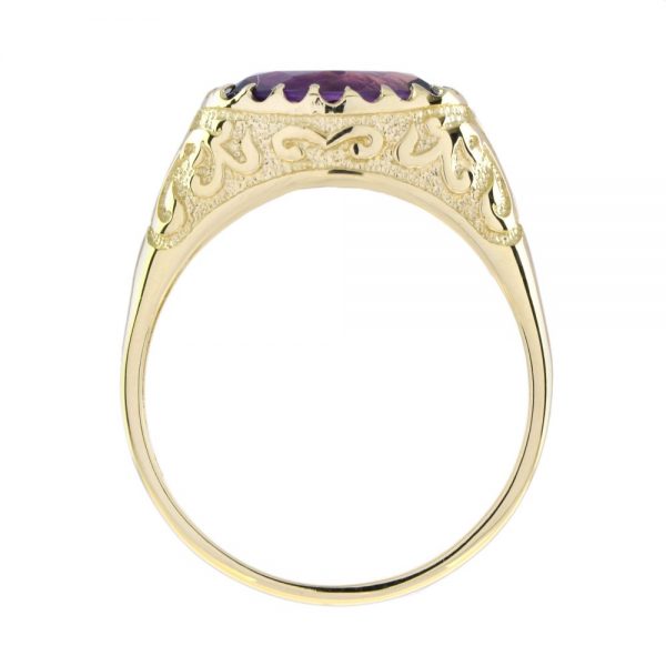 Antique Style Large 7.50ct Amethyst and Engraved Gold Signet Ring