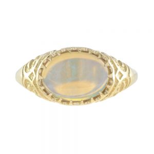 Antique Style Opal and Yellow Gold Engraved Signet Ring