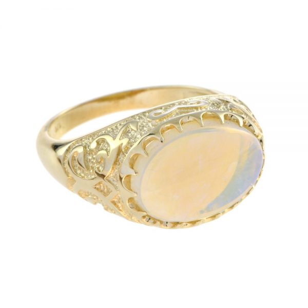 Antique Style 2.90ct Opal and Yellow Gold Engraved Signet Ring