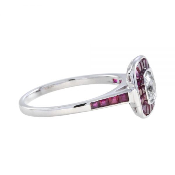 Art Deco Style 0.58ct Old Cut Diamond and Calibre Ruby Cluster Target Ring in 18ct White Gold