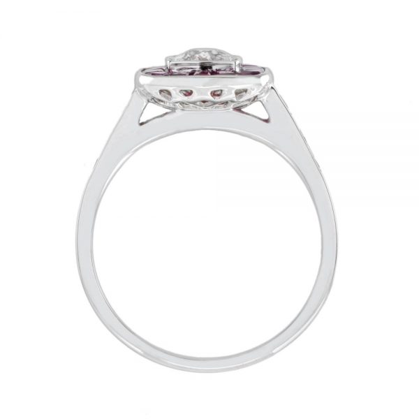 Art Deco Style 0.58ct Old Cut Diamond and Ruby Cluster Target Ring in 18ct White Gold