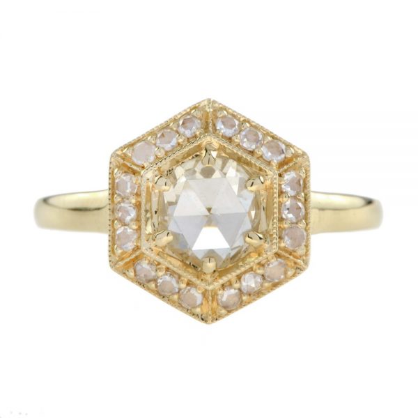Rose Cut Diamond Hexagonal Cluster Ring in 18ct Yellow Gold; central 0.68ct rose-cut diamond nestled within a 0.34ct diamond-set hexagon shaped frame