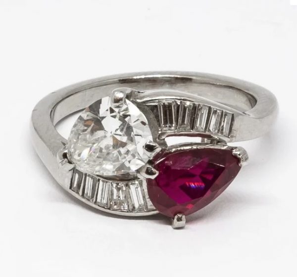 Ruby diamond crossover ring platinum