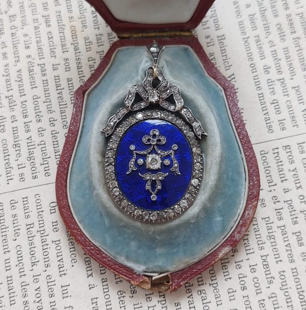 Victorian Antique Diamond and Blue Enamel Pendant Locket EM1