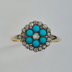 Victorian Antique Turquoise & Diamond Cluster Ring