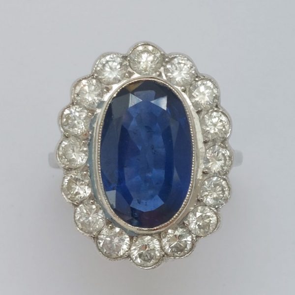 Vintage 4ct Sapphire and Diamond Cluster Ring in 18ct White Gold