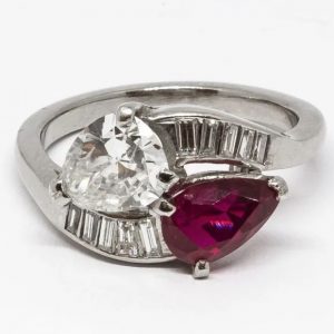 Vintage Ruby and Diamond Crossover Ring, Circa 1950 Toi Et Moi