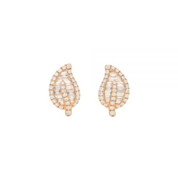 1.19ct Brilliant and Baguette Diamond Leaf Stud Earrings in Rose Gold