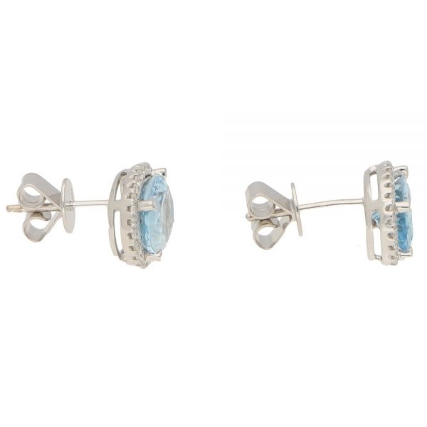 2.96ct Aquamarine and Diamond Oval Cluster Stud Earrings