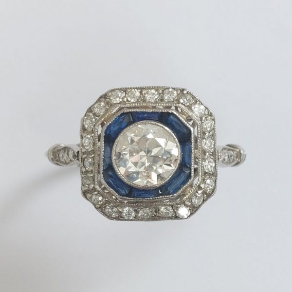 0.90ct Old European Cut Diamond and Sapphire Target Ring