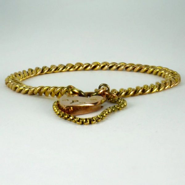 Antique Victorian Rose Gold Curb Link Bracelet with Heart Padlock Clasp