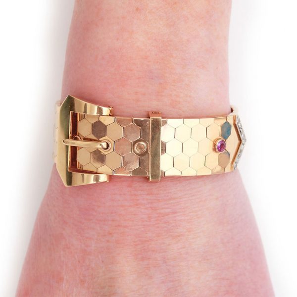 Vintage 18ct Gold Buckle Bracelet with Pink Sapphire and Diamonds