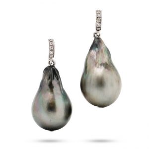 Vintage Tahitian Pearl Drop Earrings with Diamonds
