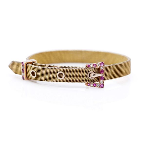Vintage Gourdel Vales and Co Belt Bracelet with Rose Cut Diamond and Rubies