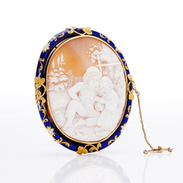 Antique Victorian 15ct Gold Blue Enamel Cameo Brooch