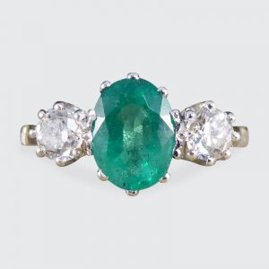 1ct Emerald and Diamond Three Stone Ring