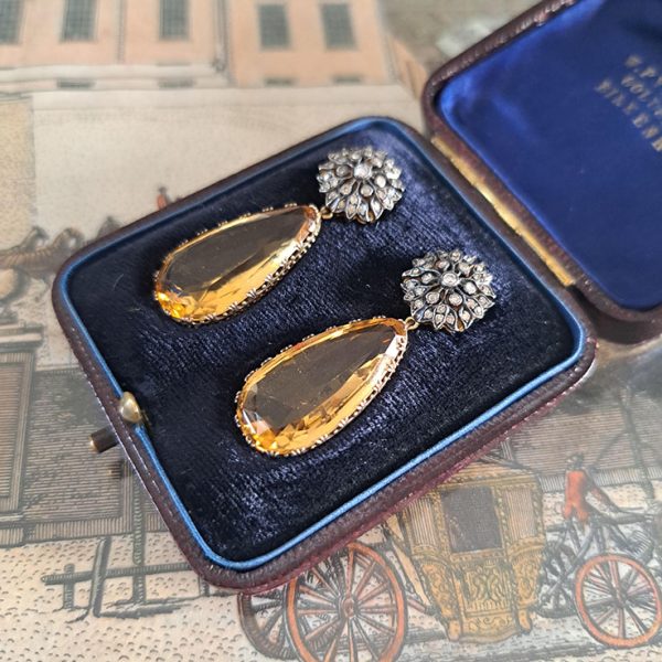 Antique Victorian Citrine Drop Earrings with Diamond Sunburst Cluster Tops