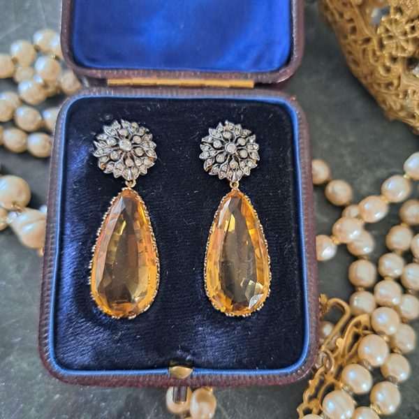 Antique Victorian Citrine Drop Earrings with Diamond Sunburst Cluster Tops