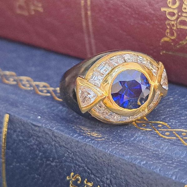 Vintage Faraone Sapphire Diamond and Black Enamel Ring