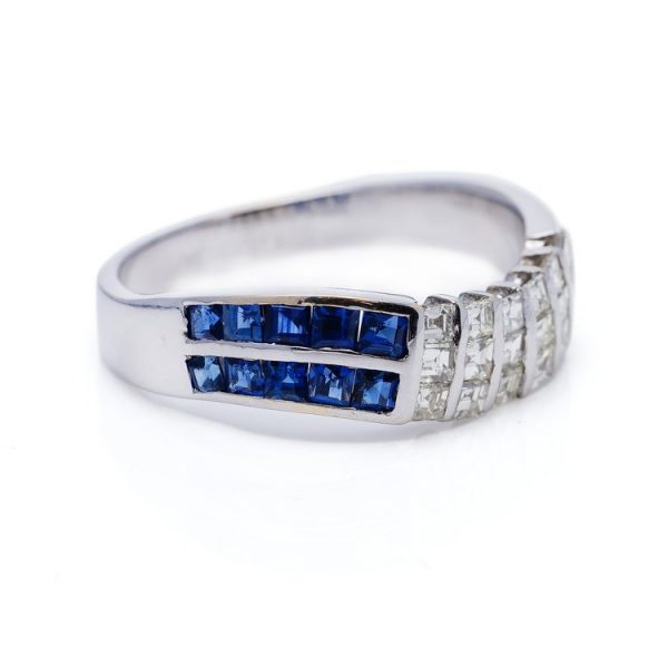 Vintage Princess Cut Diamond and Sapphire Ring in 18ct White gold