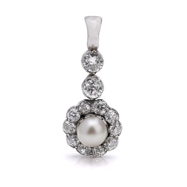 Art Deco Natural Pearl and Old Cut Diamond Pendant in Platinum