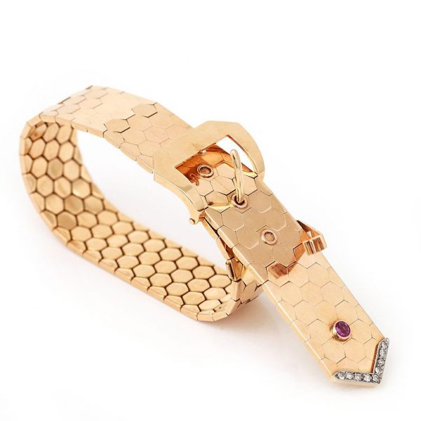 Vintage 18ct Gold Buckle Bracelet with Pink Sapphire and Diamonds
