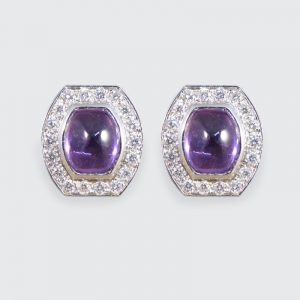 3.40ct Cabochon Cut Purple Sapphire and Diamond Stud Earrings
