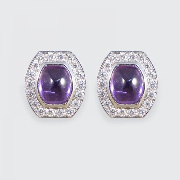 3.40ct Cabochon Cut Purple Sapphire and Diamond Stud Earrings