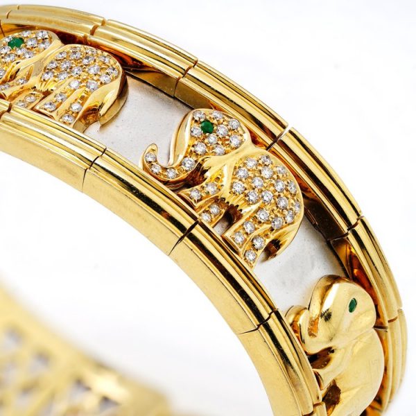 Vintage 18ct Gold Bangle Bracelet with Diamond Set Elephants