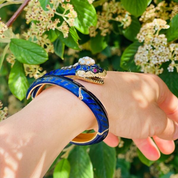 Antique Victorian Gold and Blue Enamel Snake Bangle Bracelet