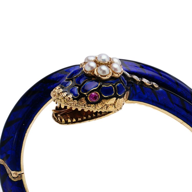 Antique Victorian Gold and Blue Enamel Snake Bangle Bracelet