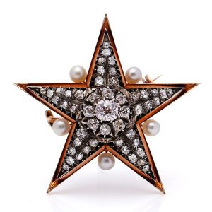 Antique Victorian Old Mine Cut Diamond and Pearl Star Brooch