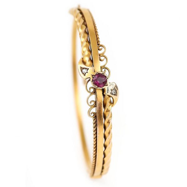 Antique Edwardian Ruby Diamond 15ct Gold Bangle Bracelet