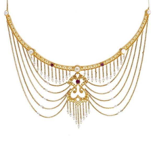 Antique Italian Neo Renaissance Style 18ct Gold Festoon Swag Necklace with Natural Pearls and Rubies