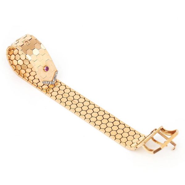 Vintage 18ct Yellow Gold Articulated Buckle Bracelet with Pink Sapphire and Diamonds